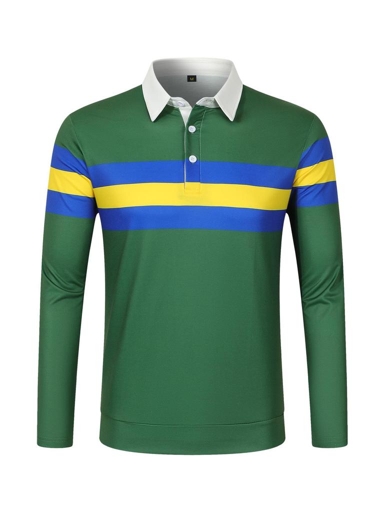 Męskie koszulki polo w paski z kontrastowym kolorem, z długim rękawem, zapinane na guziki, z kołnierzykiem polo, topy dla mężczyzn, jesienne modne pulowery
