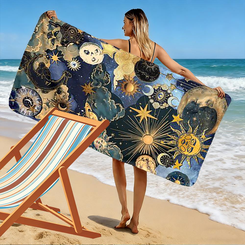 Celestial Sun Moon Stars Vintage Design Beach Towel Quick-drying for Travel Outdoor Sports Jogging Beach and Swimming