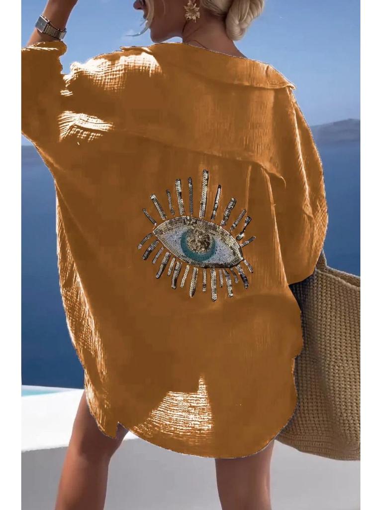 European & American Cross-border Women's Long Sleeve Cotton Linen Casual Shirt with Turn-down Collar