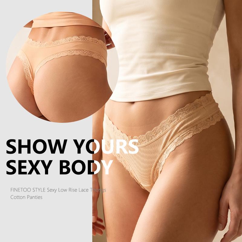 FINETOO 3Pcs/Set Women's Cotton Lace Thongs Underwear Seamless Low Waist Ribbed Breathable Panties Female Soft Comfortable Sexy Lingerie