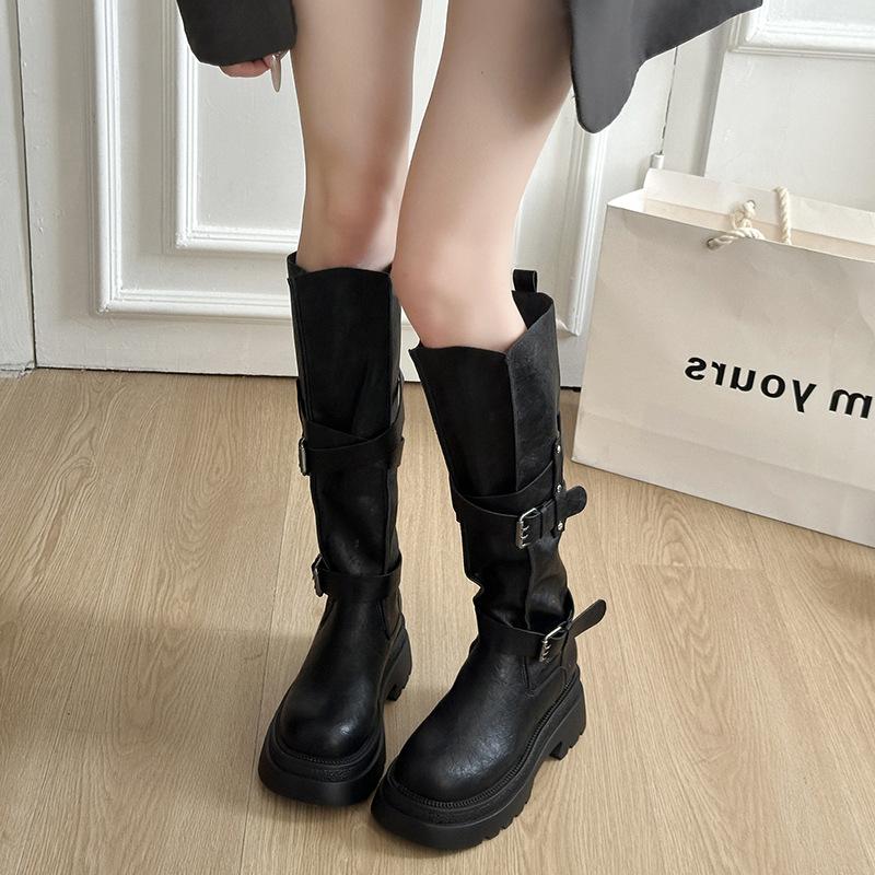 Fashion Versatile Retro Belt Buckle Locomotive Boots Long Boots 2025 Autumn and Winter New Small Thick-soled Knight Boots Women