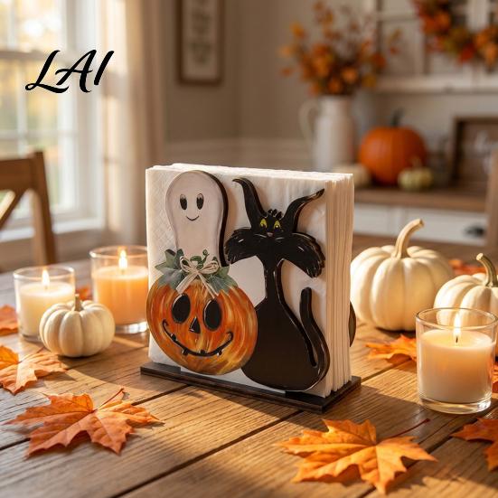 Cute Cartoon Napkin Tray Halloween Ghost Wooden Holder Paper Towel Decorative Holiday Party Dessert Table Decor Stand Freestanding Tissue Dispenser
