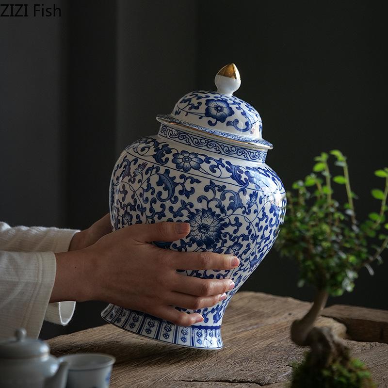 Blue and White Porcelain Storage Jar Ginger Jar Tea Canister Gold Plated Ceramic Jewelry Tank Desk Decoration Cosmetic Container