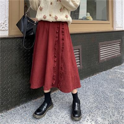 Jupe Midi en Velours Côtelé à Volants Design Français Vintage pour Femmes - Taille Haute Coupe Slim Élégante Demi-Jupe
