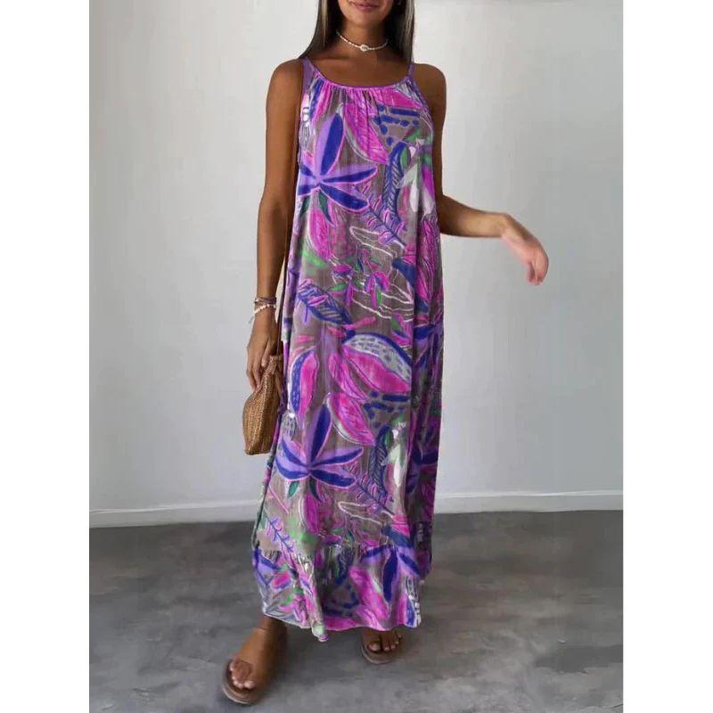 

2024 Summer New Arrival Casual Women s Clothing Print Long Dress Loose Splicing Sling Dress Purple 2XL