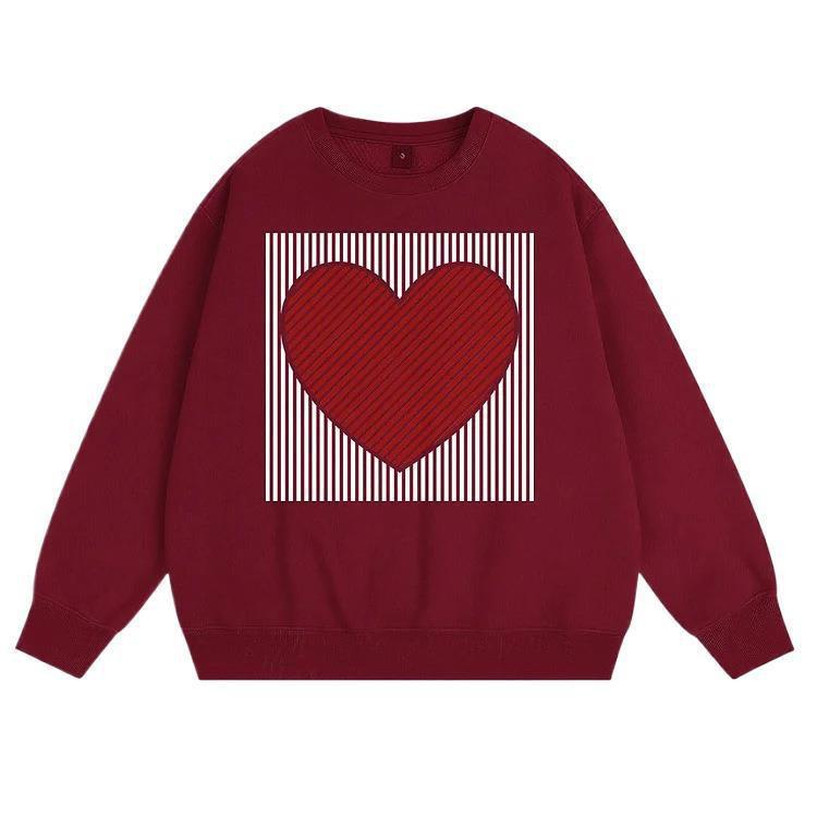 European Size Retro Striped Heart Print Women's Thin Fleece Hoodie for Autumn/Winter