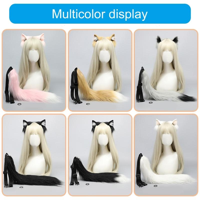Lovely Plush Tail Animal Tail Cats Ears Headband Foxes Tail Adjustable Belt for Halloween Christmas Carnivals Party
