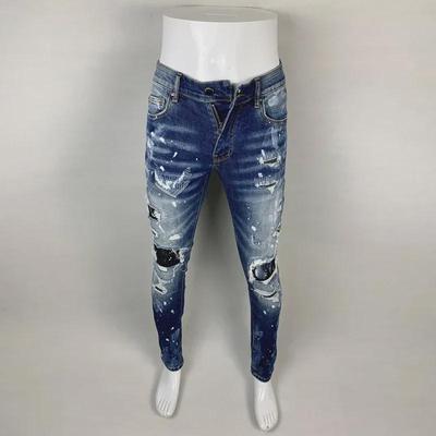 Men's Trendy Blue Distressed Ripped Skinny Jeans with Paint Print