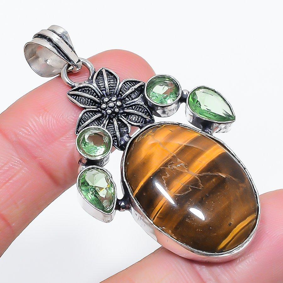 

Tiger Eye, Tsavorite Gemstone 925 Sterling Silver Jewelry Pendant 2.21