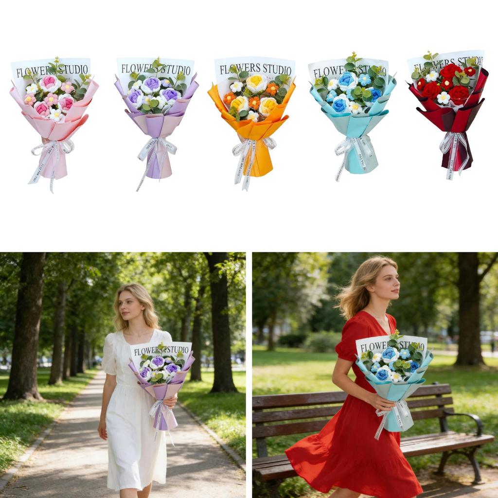 Crochet Flower Bouquet Yarn Material Knitted Floral Ornament Artificial Flowers Wreath Centerpiece for Women Anniversary Decor