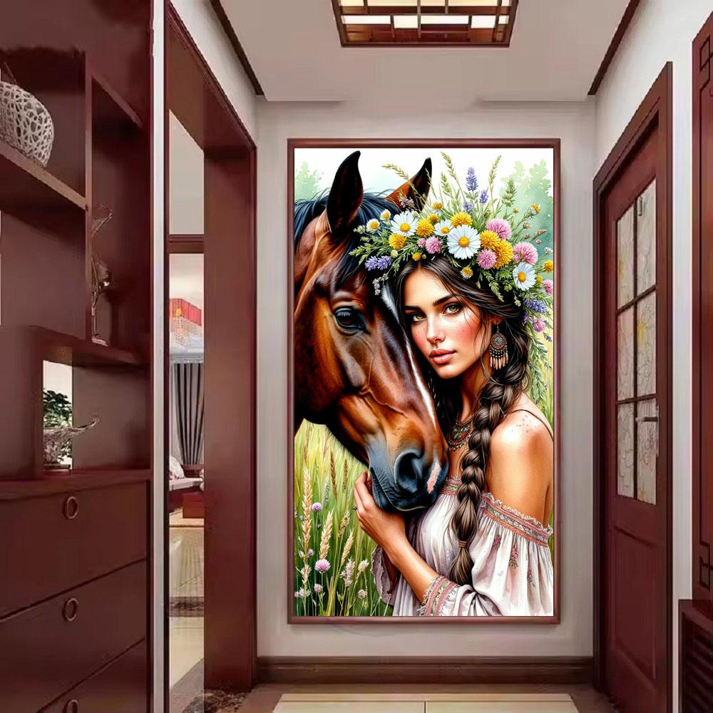 

Beautiful Girl and Horse DIY Diamond Painting Cross Stitch Full Drills Diamond Mosaic New Collection Home Decor round 30x60cm червоний