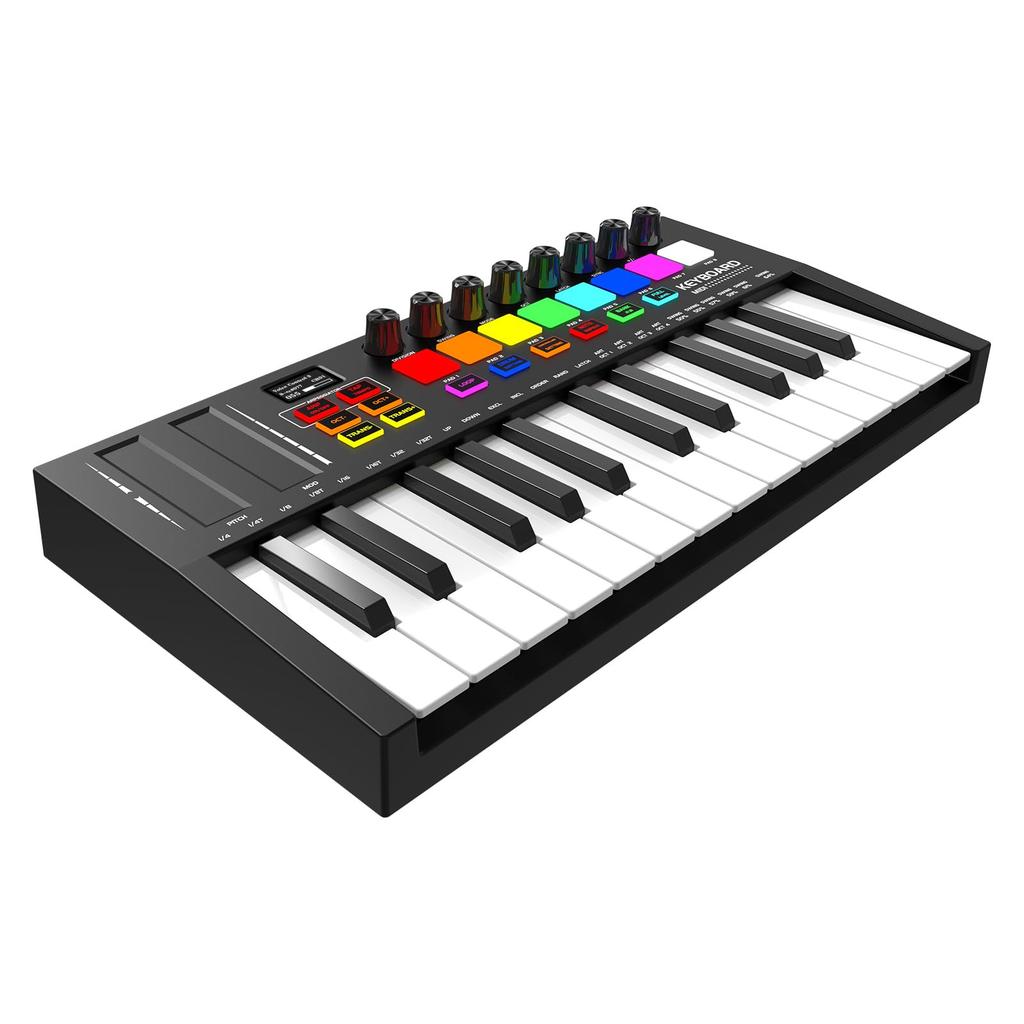 OYAYO MIDI-Keyboard mit Anschlagdynamik 8 Hintergrundbeleuchtete Drum-Pads 8 OLEDs und MIDI-Unterstützung mit DAW Musikproduktionssoftware 25 anschlagdynamische Tasten, Pads, Regler, Display,