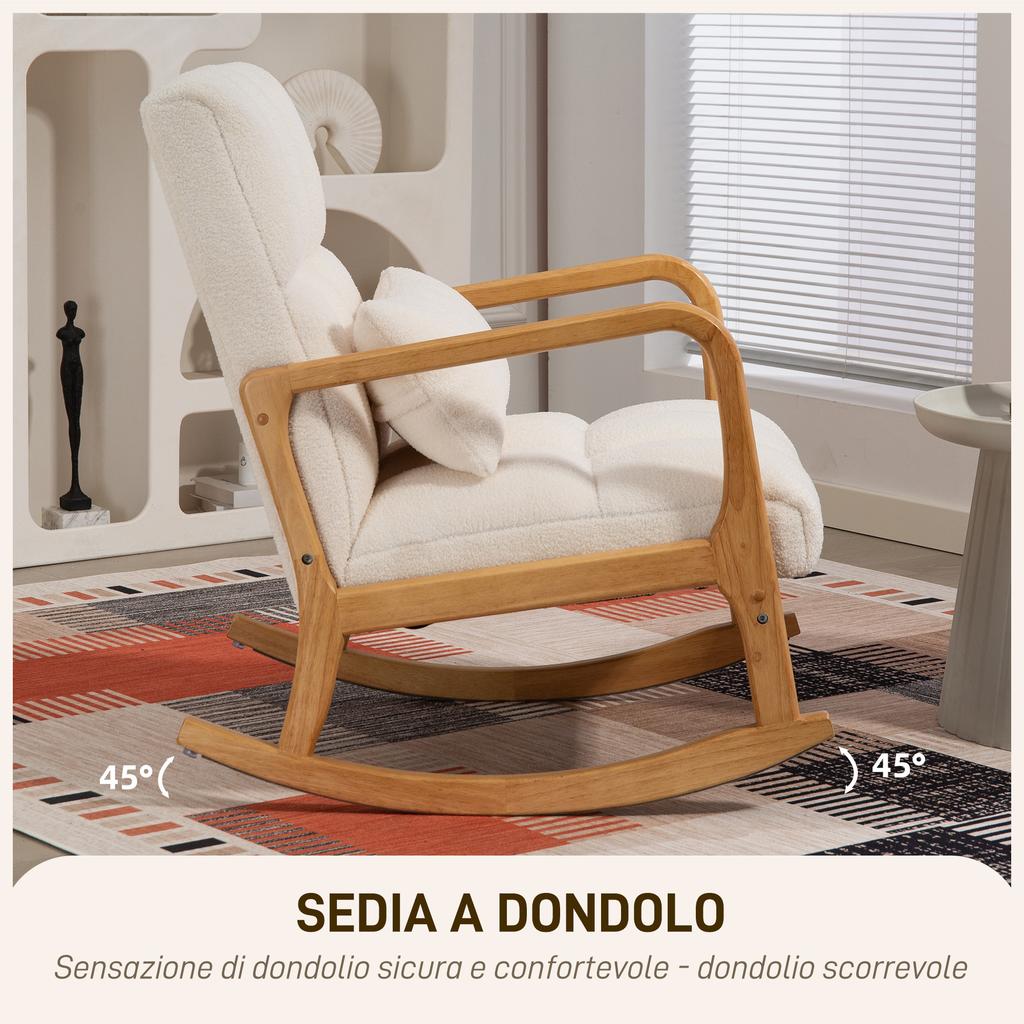 Rocking Armchair 90 degrees-130 degrees with Lumbar Cushion upholstered in Sherpa Fabric, 64.5x82x89 cm, White and Wood Colour