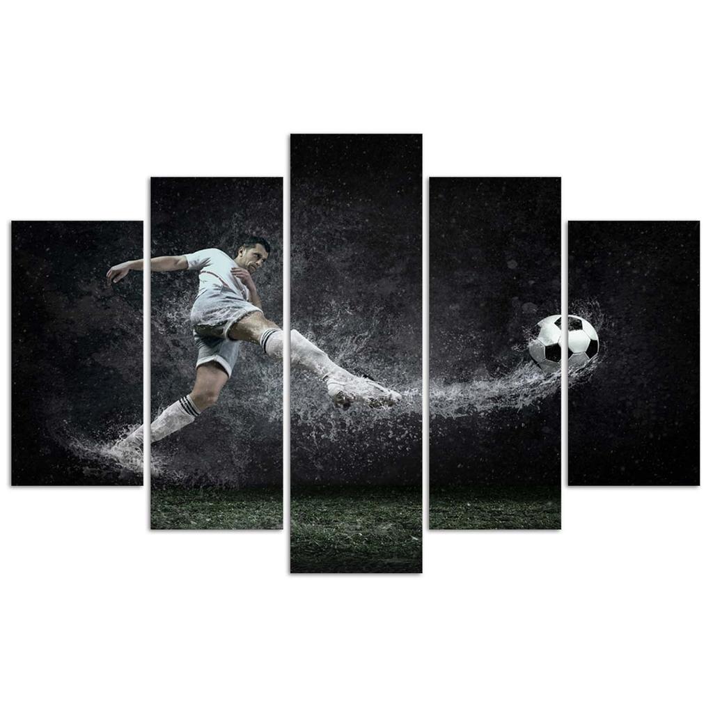 Feeby Five piece picture canvas print, Footballer on wet turf