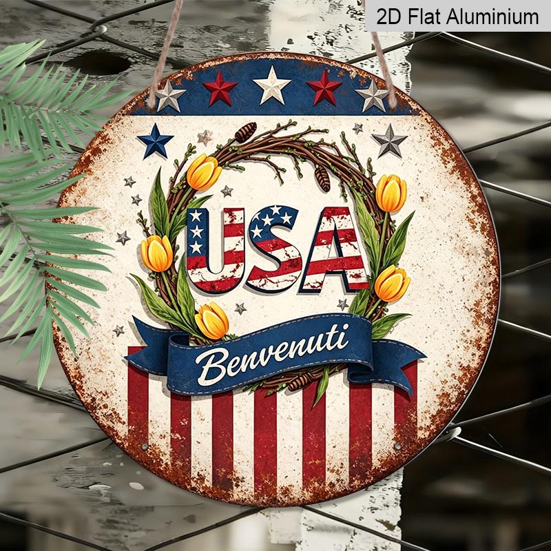 2D Flat - 1pc Aluminum Round Decor, Vintage American Flag & Tulip Wreath Design, Decorative Sign, "USA Benvenuti" Patriotic Metal Wall Art
