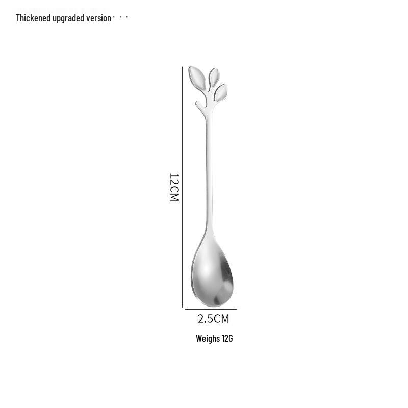 Gold Stainless Steel Leaf Spoon and Fork Set - Long Handle for Stirring, Desserts, and Coffee