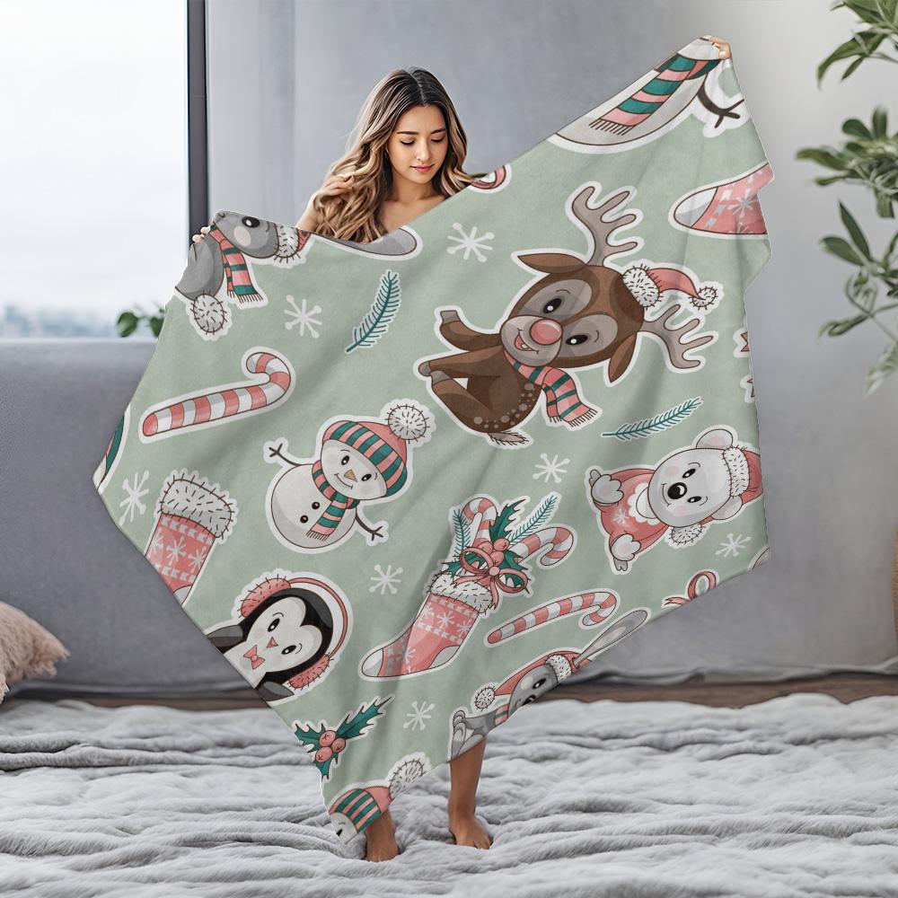 Cozy Christmas Blanket Flannel Throw Winter Warm Decorative Holiday Gift Festive Reindeer Snowman Pattern Soft Plush Bedspread