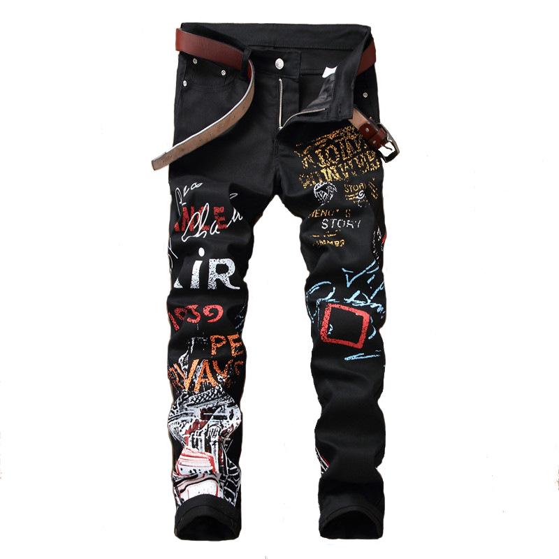 

European and American Men s Elastic Straight-Leg Jeans with Print - Street Fashion Casual Pants 33
