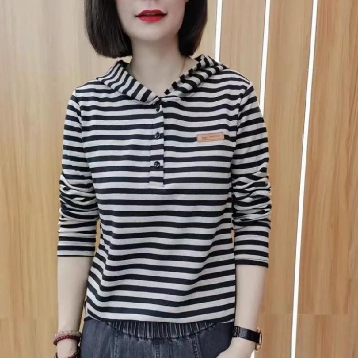 

2025 Новая весенне-осенняя толстовка с длинным рукавом и капюшоном, женская короткая повседневная универсальная хлопковая полосатая футболка, верхняя часть, низ, рубашка S