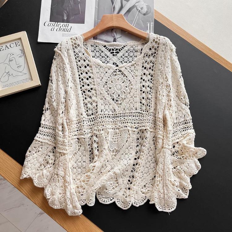 Women Summer Lace Knit T-Shirt O-Neck Hollow Long Sleeve Loose Basic White Top Tee Vest Tops Clothing