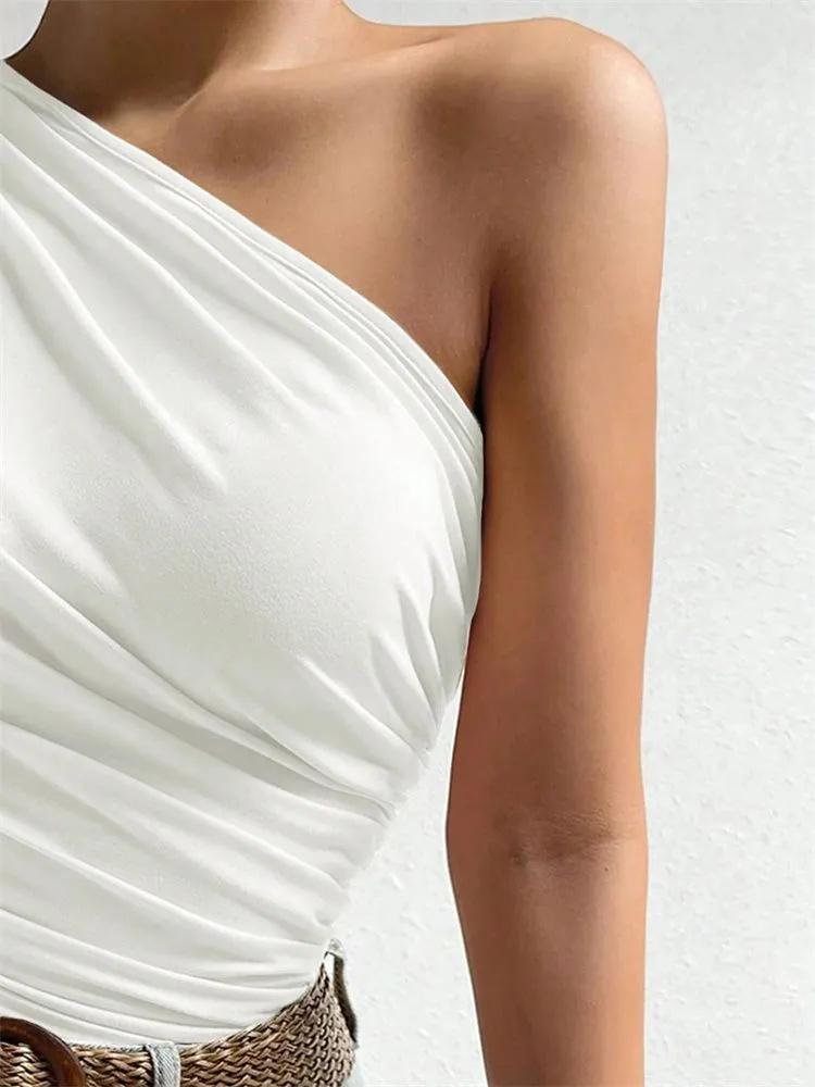Tank Top Phumee Sleeveless One Shoulder Pleated A2403