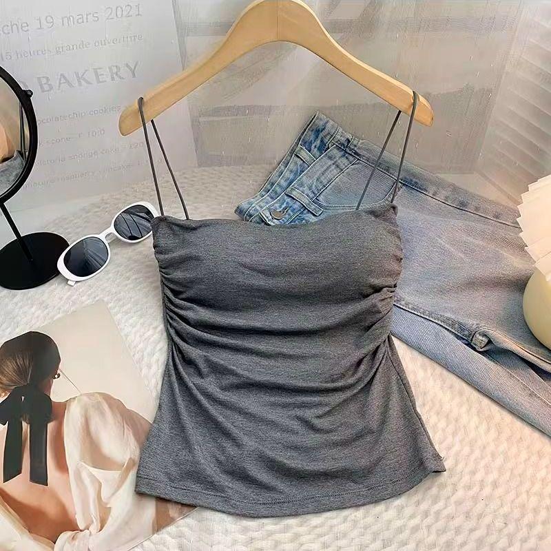 Pleated Strappy Camisole with Padded Bandeau One-Piece Wireless Top