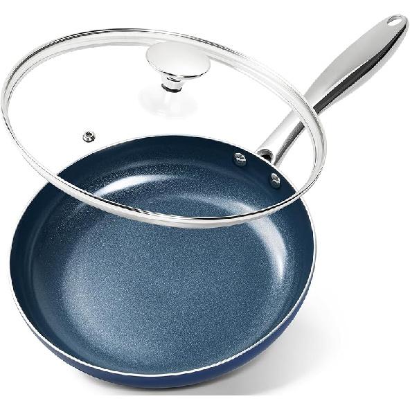 MICHELANGELO Small Frying Pan - 8 Inch Nonstick Frying Pan with Lid, Non-Toxic Omelette Pan with Stainless Handle, Nonstick Skillet, Blue-Ceramic 10 Inch