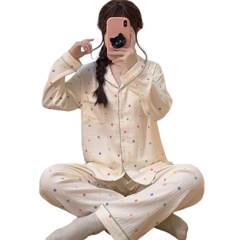 Autumn Simple Style Colored Small Polka Dot Loungewear Cloud Cotton Pajamas Women'S Long-Sleeved Suit Can Be Worn Outside