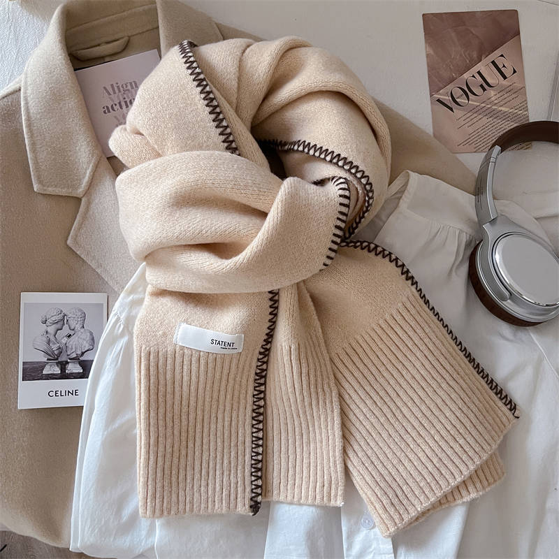 Solid color scarf female simple I wind knitted lock edge autumn and winter versatile warm scarf