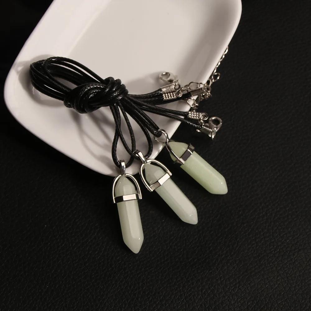Dark Luminous Stone Fluorescent Hexagonal Column Necklace Natural Crystal Glowing In Bullet Pendant Leather Fashion Jewelry Gift