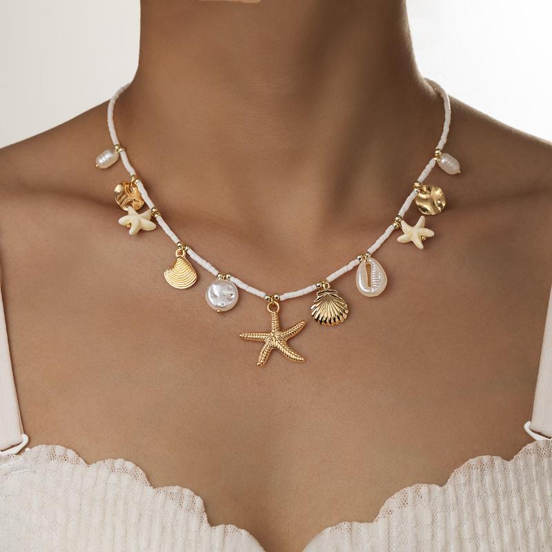 Böhmische Strandmuschel Halskette Imitationsperle Seestern Muschel Anhänger Halskette Schmuck