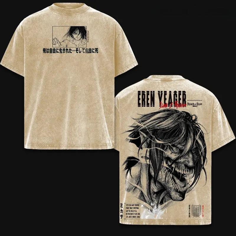 Hot Anime Attack on Titan Eren Jaeger Graphic Tee Men Clothing Washed Cotton Tshirt Casual T-shirt Harajuku Male Vintage T Shirt