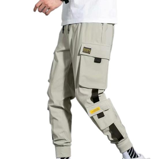 Men Cargo Pants Side Pockets Stretchy Waist Drawstring Strap Decor Ankle-banded Jogger Pants Daily Clothes