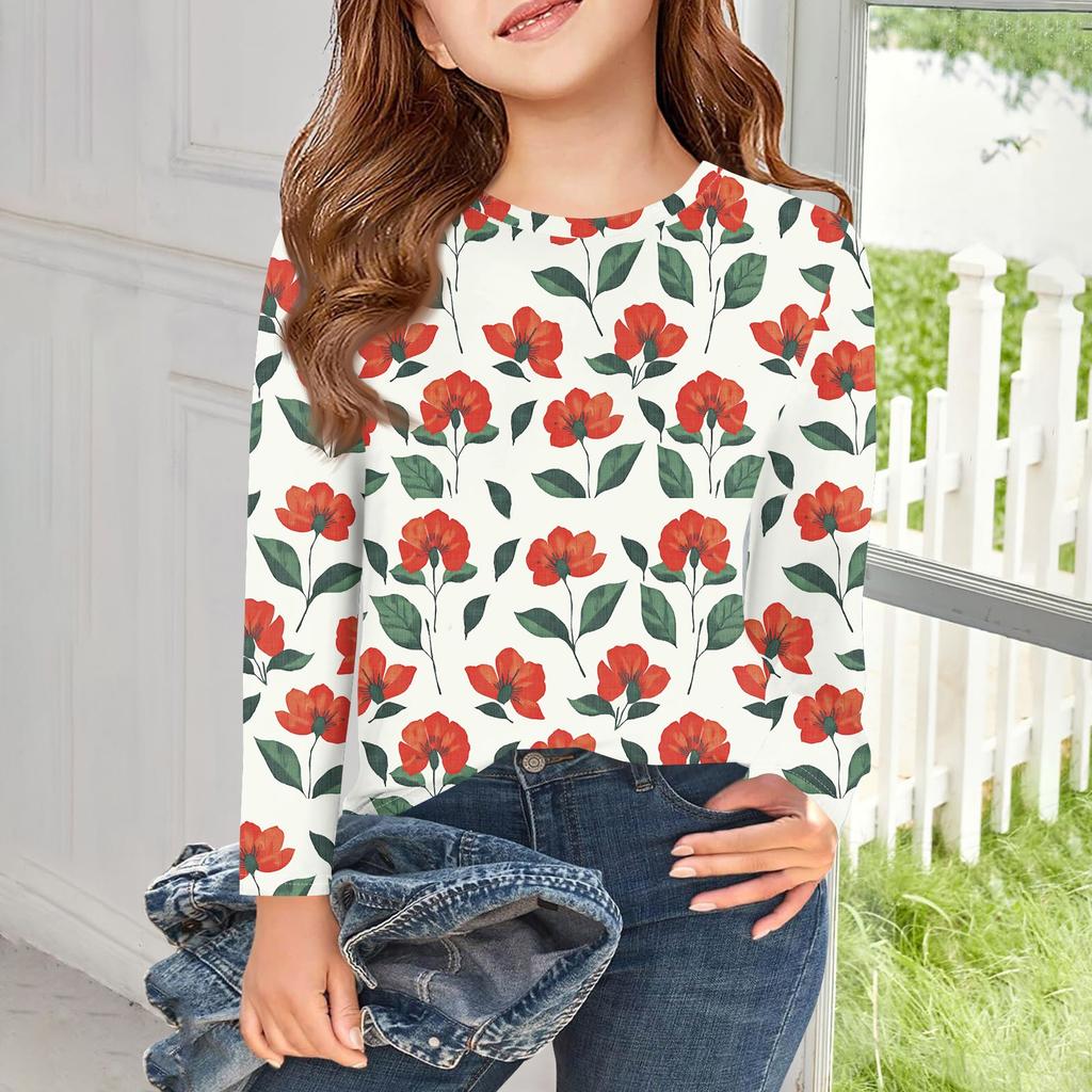 Girls Long Sleeve T Shirts Kids Fall Tops Crewneck  Printed Basic Tees 5-14Y