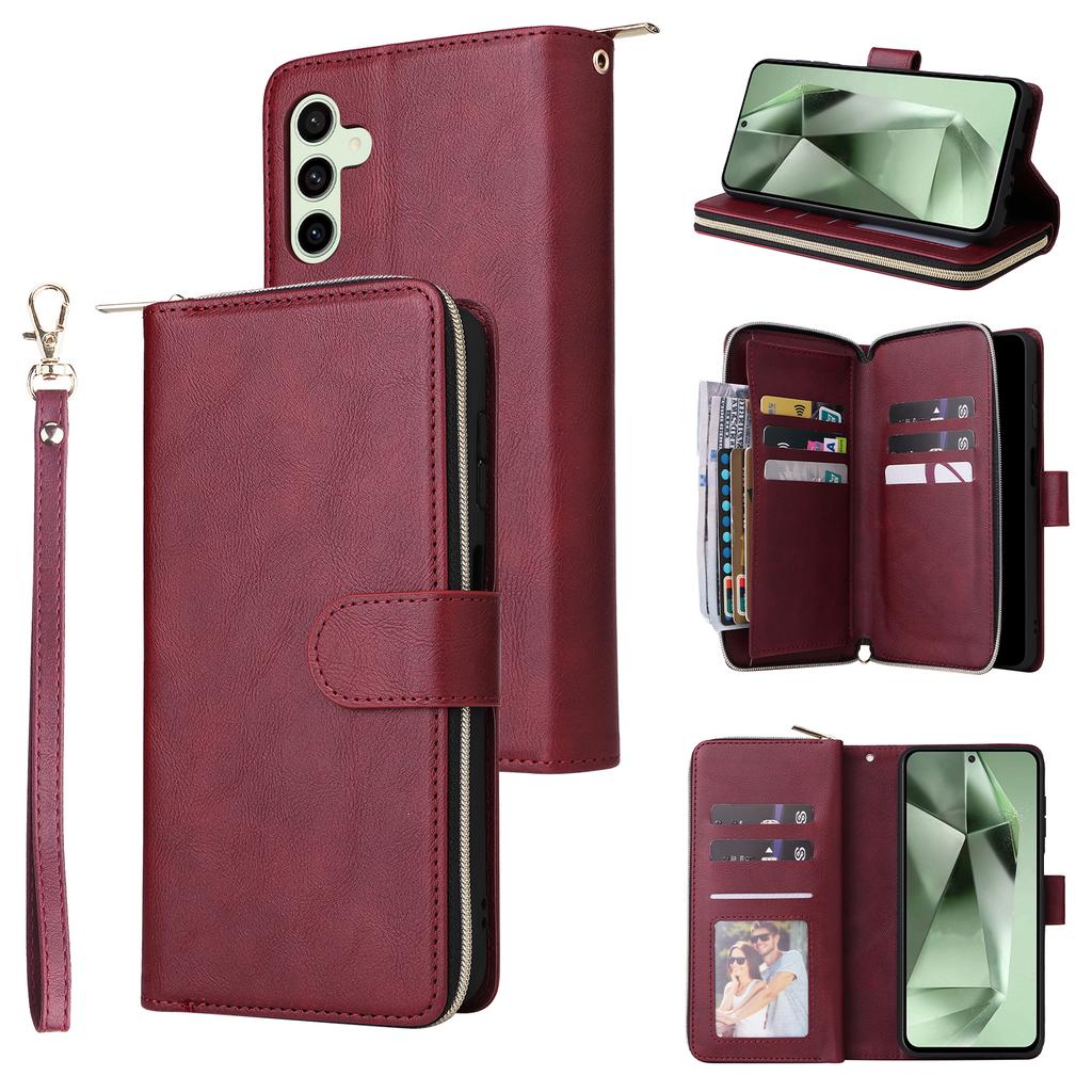 For Samsung Galaxy S24 FE Case Zipper Pocket PU Leather Phone Cover with Hand Strap