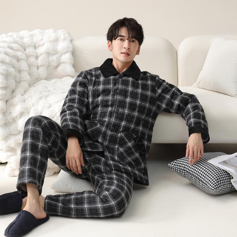 Pajamas Men'S Winter Pure Cotton Padded Three-Layer Thickened Piled Padded Cotton Woven Warm Autumn And Winter Loungewear Set