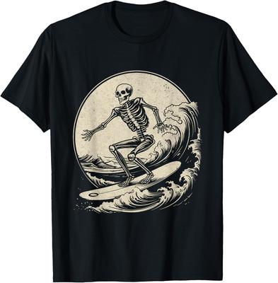 Skeleton Surfer Vintage Big Wave Surfing Funny Halloween T-Shirt