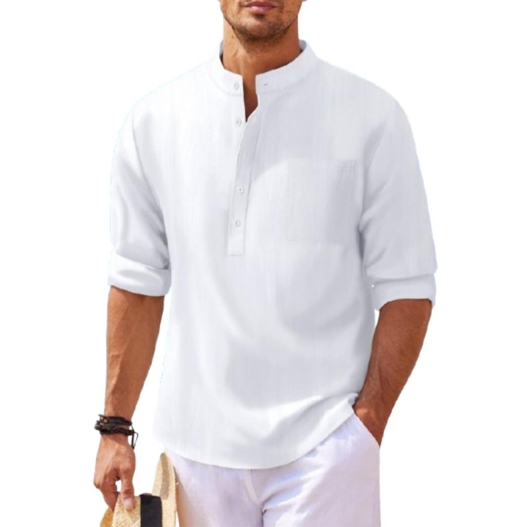 Men's Casual Cotton Linen Stand,up Collar Long,sleeved Shirt
