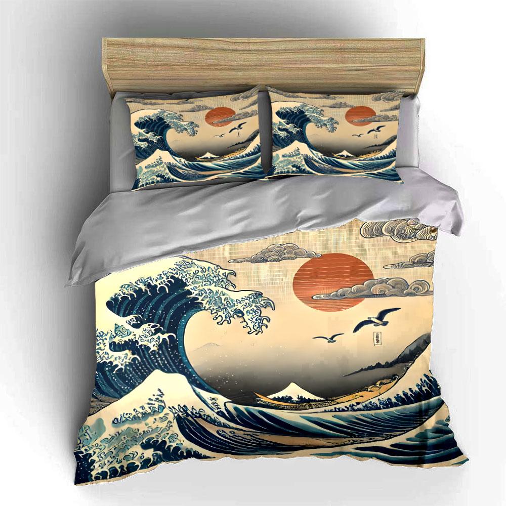 Classic Japanese Great Wave And Peaks Print Bedding Set 1 Duvet Cover 2Pillowcases For Adult And Children Luxury Gift Full Size