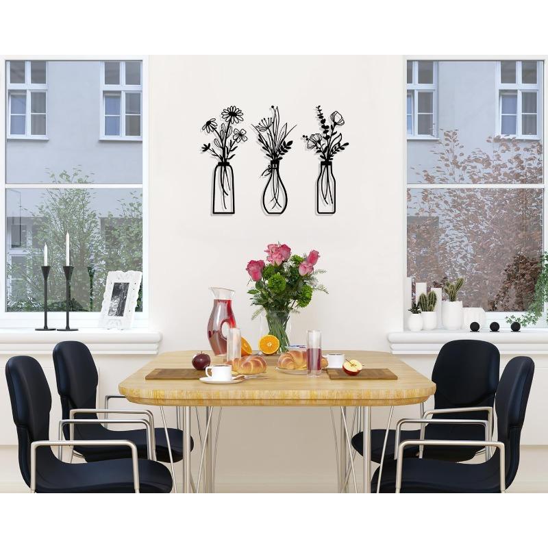 3 Pieces of Metal Floral Wall Art - Rural Farmhouse Decoration Black Minimalist Floral Wall Decoration