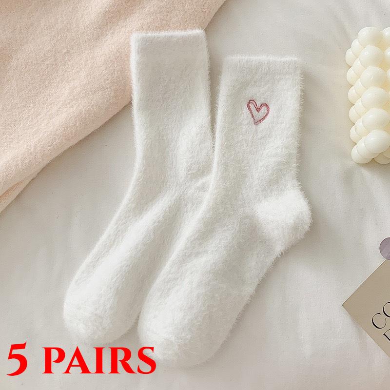 1/5 Pairs Women's Thickened Mink Socks Pink Heart Embroidery Plush Sleepwear Solid Color Warm Middle Tube Autumn Winter Home Socks