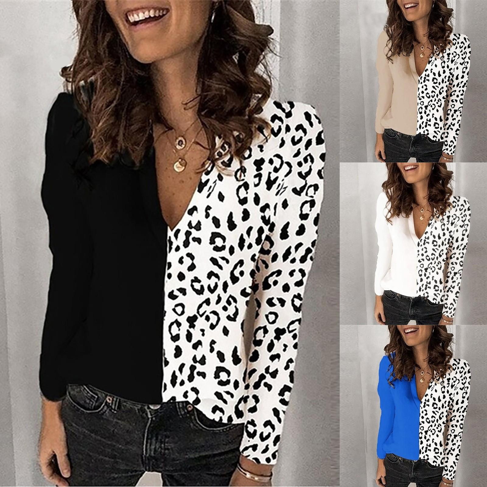 

Женская модная блузка размера плюс с леопардовым принтом, футболка с v-образным вырезом и длинным рукавом