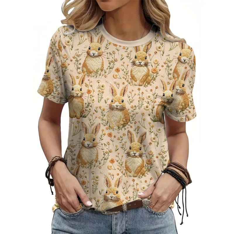 

Fall in love with this cute bunny print tee! Soft, lightweight fabric, round neck, short sleeves, and a charming pastoral-style S