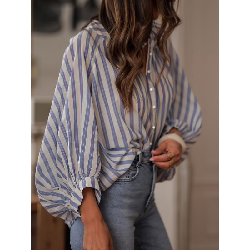 Elegante Blusa de Mujer Rayada Holgada Verano Manga Larga Tops Ajustados Cuello Peter Pan Casual Volantes Oficina Dulce Camisas de Oficina Moda Ropa Básica
