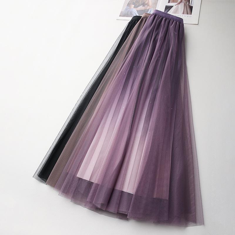 Verlauf Hohe Taille Plissee Midi Rock 2025 Damen Frühling/Herbst Mesh A-Linie Langer Rock