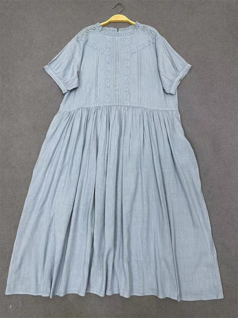 Johnature Summer Palace Style Loose Waist Patchwork Lace Dress Women Vintage Solid Color Ruffles Dresses