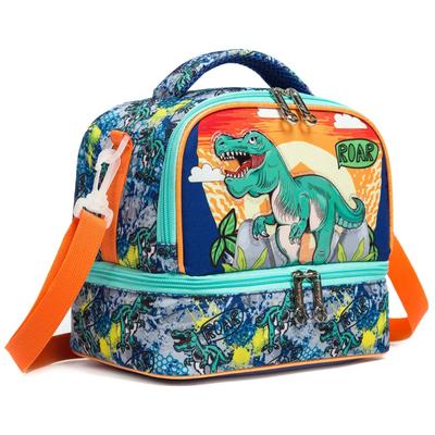 Lunch Bag for Kids Dinosaur Insulated Bag Boy Girl Waterproof Double Compartment Thermal Adjustable Shoulder Strap