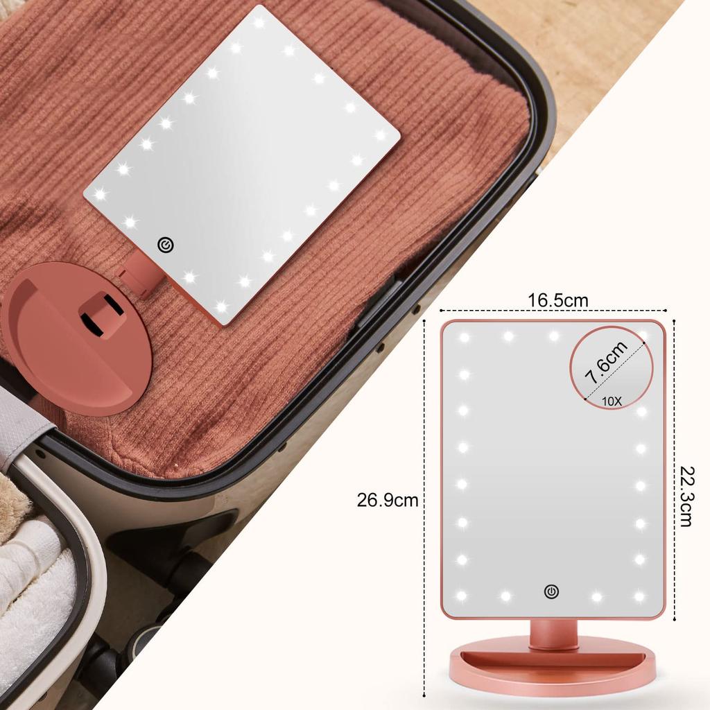 FASCINATE Mirror with Tabletop Stand Stepless 10x Adjustable Popular Pink 21-LED Light, Mirror, Dimming, USB/Battery Powered, Magnification, Bright,