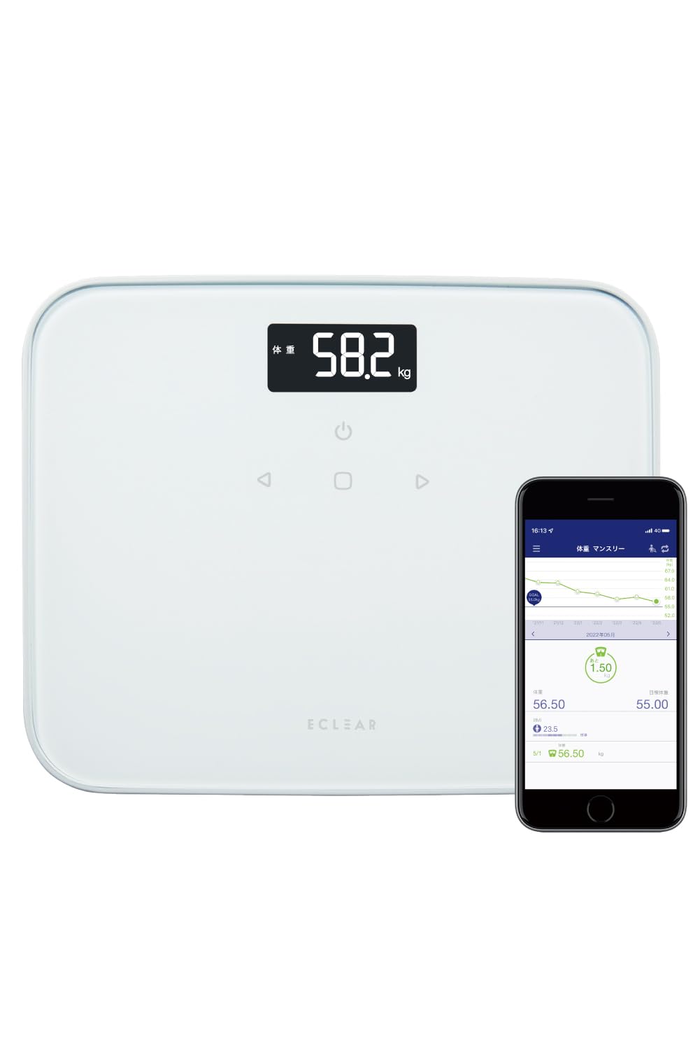 

ELECOM Weight Scale with Backlight Weight 100g Increment Automatic Recognition Function Compact Input App ECLIA (Weight/BMI/Previous Difference)