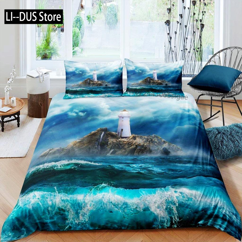 Lighthouse Duvet Cover Set Nautical Surfing Ocean Wave Bedding Set Queen Polyester Coastal Nature Theme Quilt Cover For Kids Boy